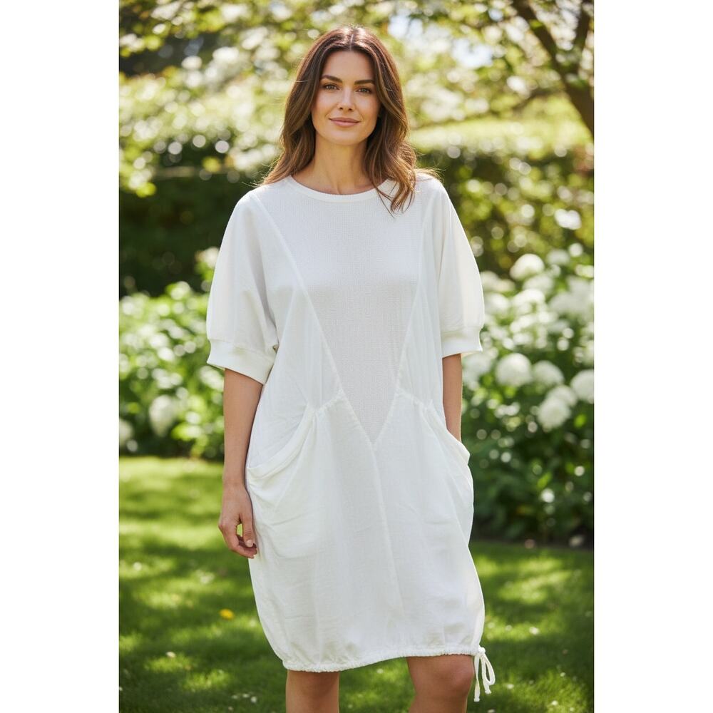 Mixed Media White Lagenlook Gauzy Cotton Balloon Dress 80's SS Shirt Dress Large